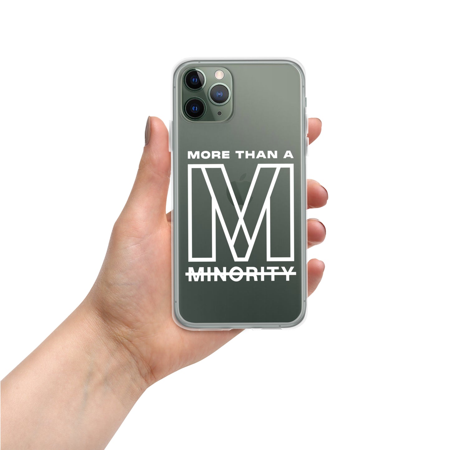 MTAM - More Than A Minority Clear Case for iPhone® | Solid Polycarbonate Back, Flexible Sides, Wireless Charging Compatible | White LOGO