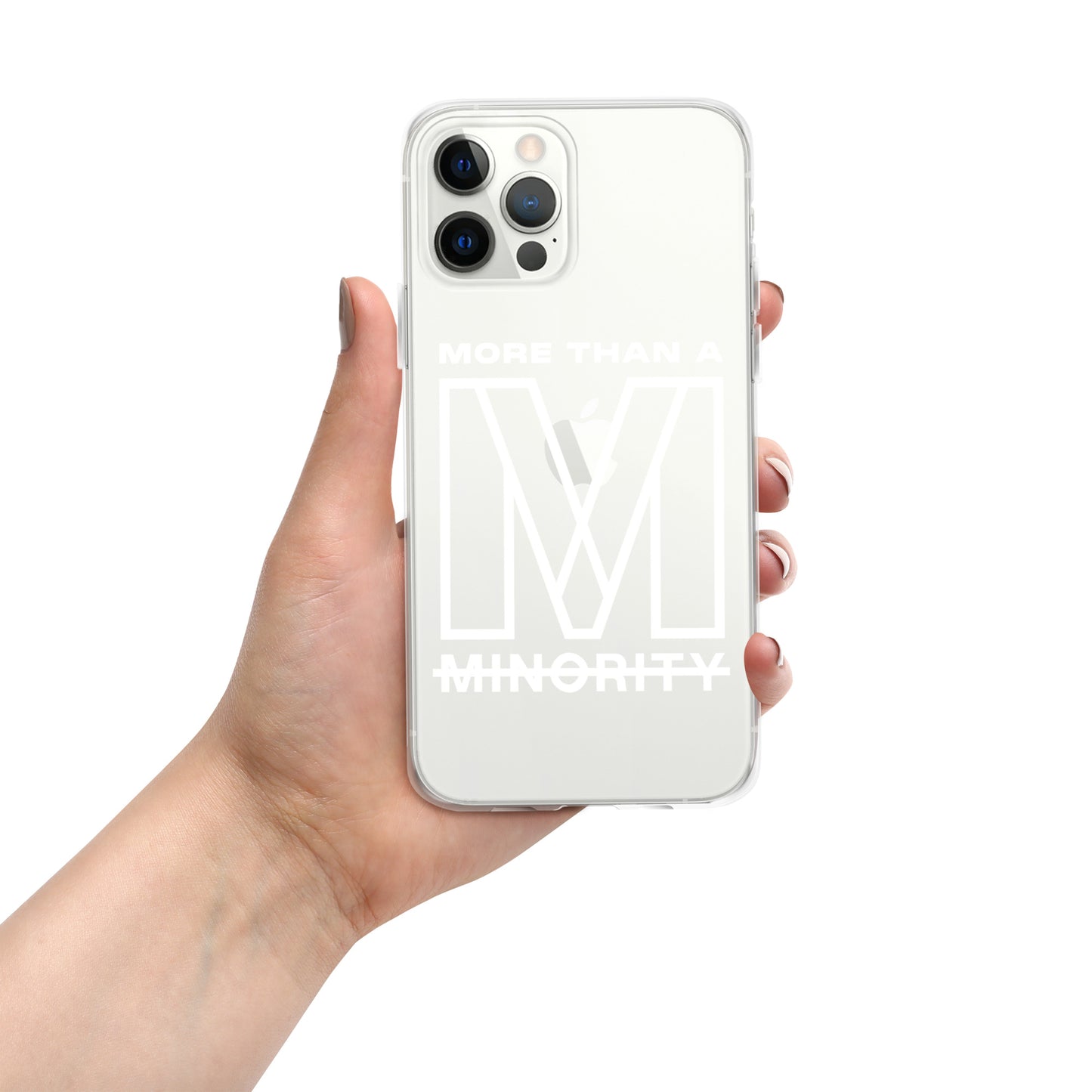 MTAM - More Than A Minority Clear Case for iPhone® | Solid Polycarbonate Back, Flexible Sides, Wireless Charging Compatible | White LOGO