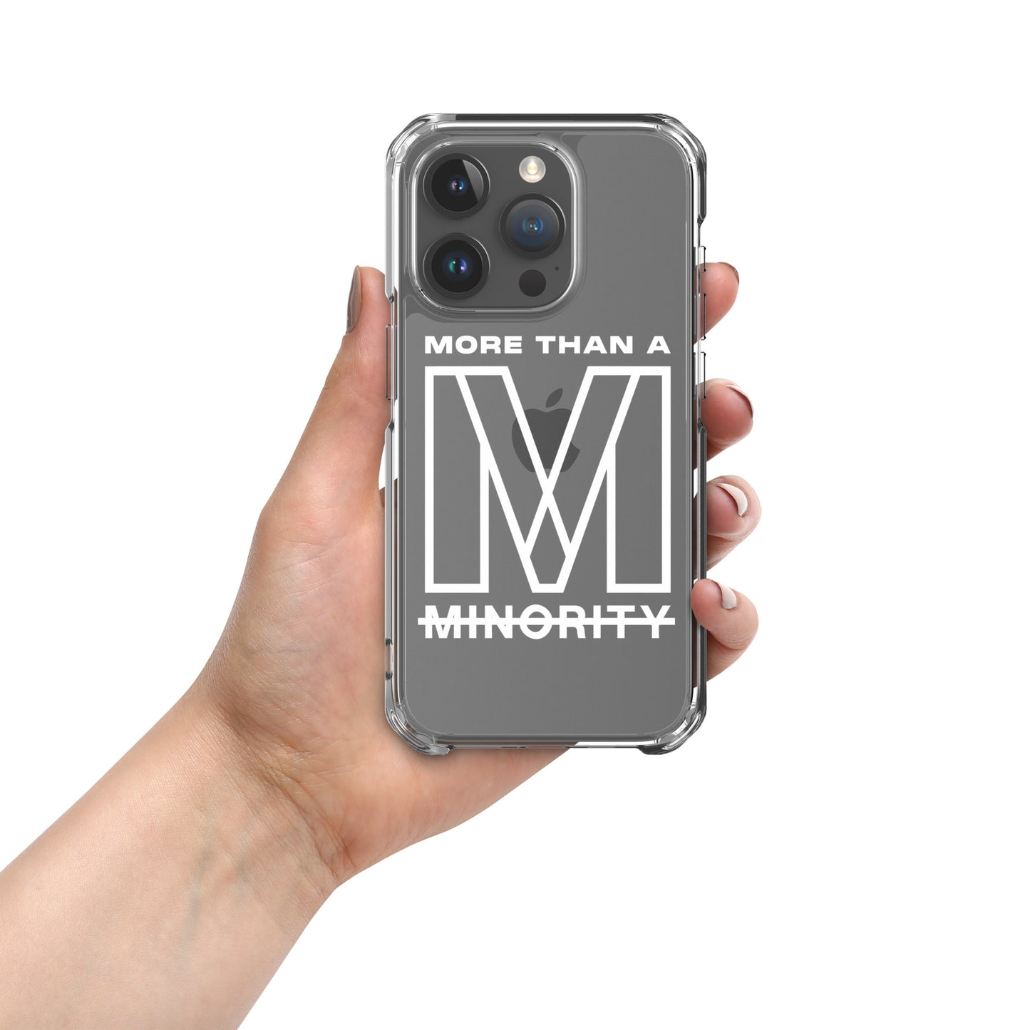 MTAM - More Than A Minority Clear Case for iPhone® | Solid Polycarbonate Back, Flexible Sides, Wireless Charging Compatible | White LOGO