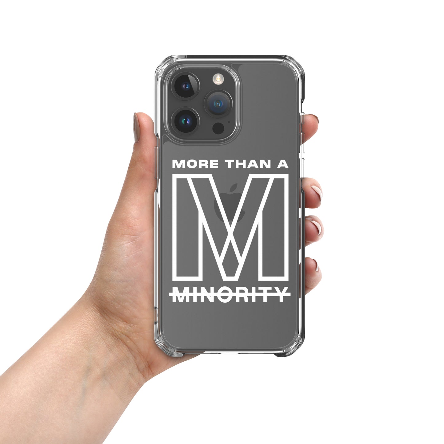 MTAM - More Than A Minority Clear Case for iPhone® | Solid Polycarbonate Back, Flexible Sides, Wireless Charging Compatible | White LOGO