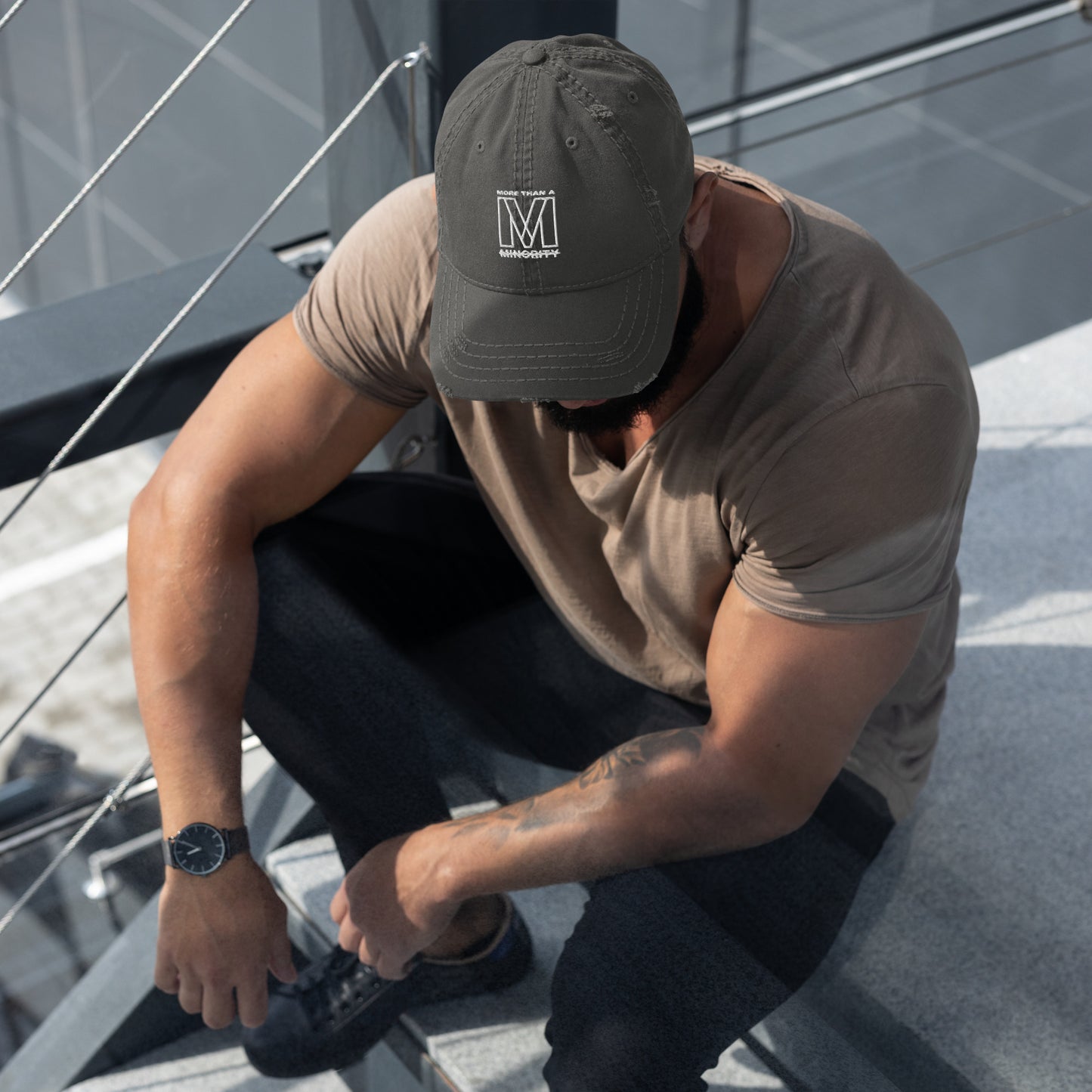 MTAM - More Than A Minority Embroidered Logo Distressed Dad Hat, 100% Cotton, Adjustable, Low Profile, Unstructured, Pre-Shrunk Twill