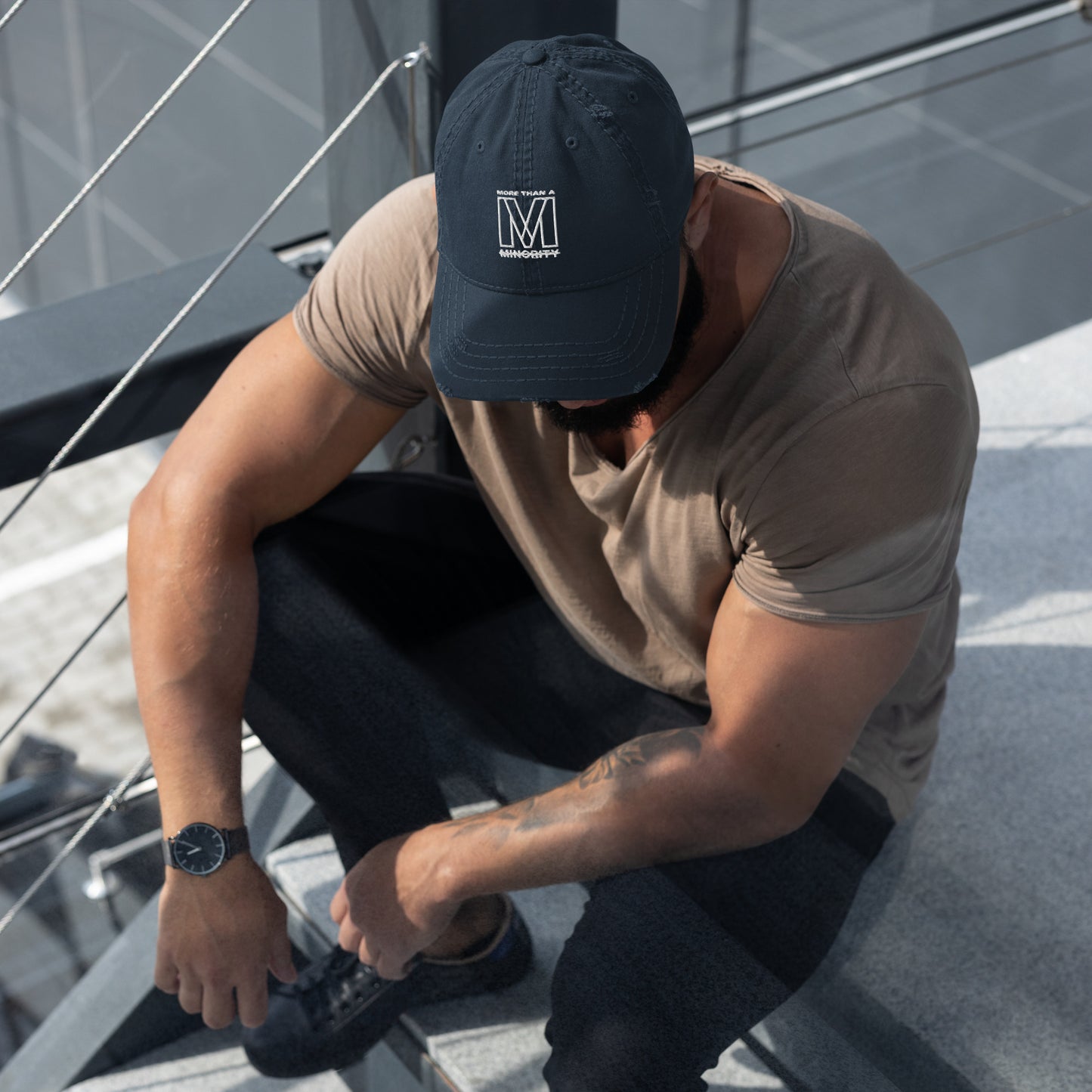 MTAM - More Than A Minority Embroidered Logo Distressed Dad Hat, 100% Cotton, Adjustable, Low Profile, Unstructured, Pre-Shrunk Twill