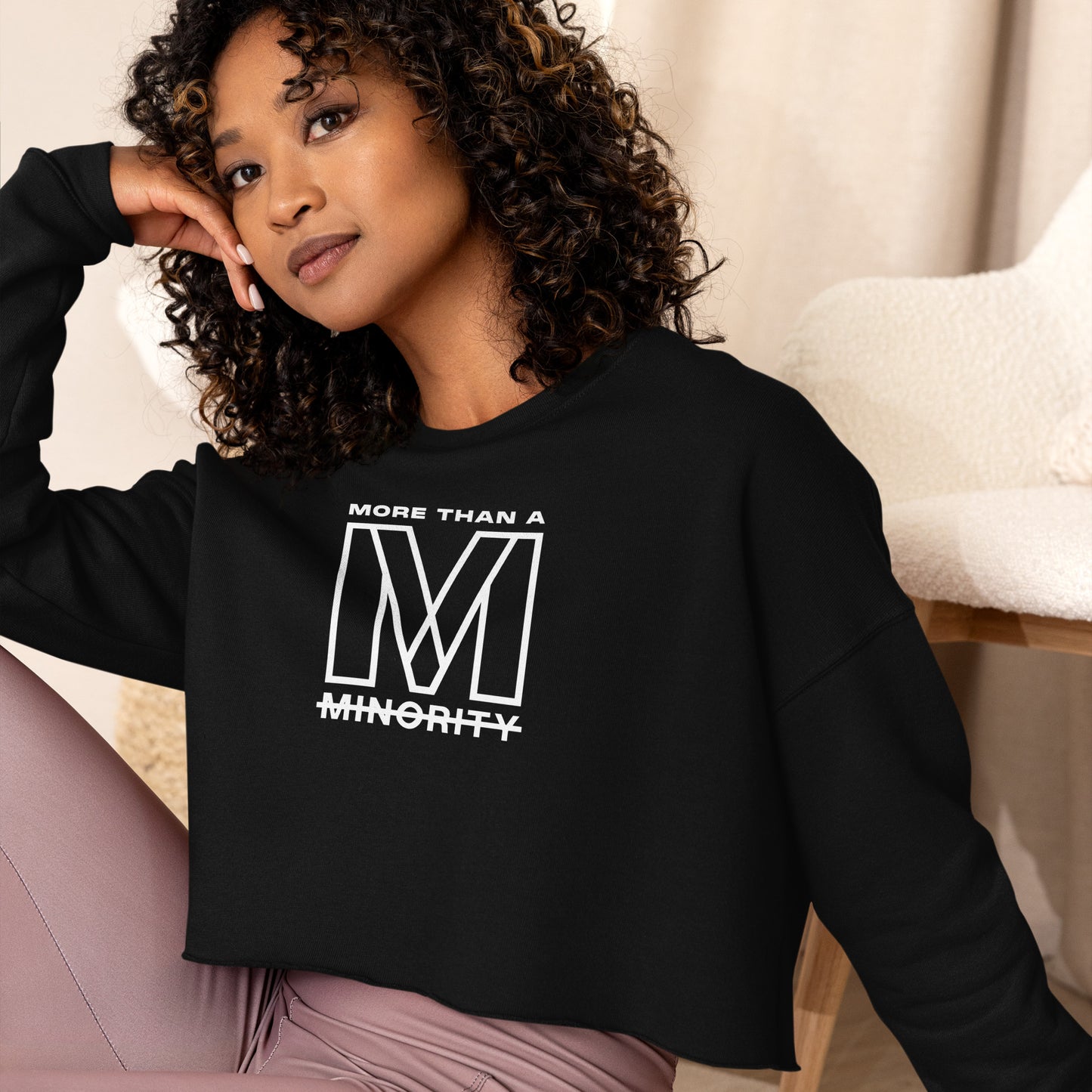 MTAM - Logo Crop Sweatshirt - Trendy Fleece Crop Top with Ribbed Neckline, Raw Hem, Multiple Colors, White Text