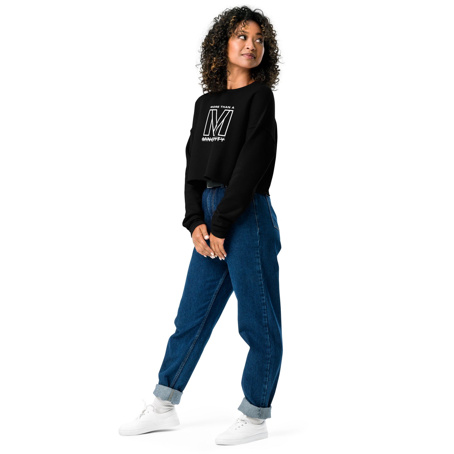 MTAM - Logo Crop Sweatshirt - Trendy Fleece Crop Top with Ribbed Neckline, Raw Hem, Multiple Colors, White Text