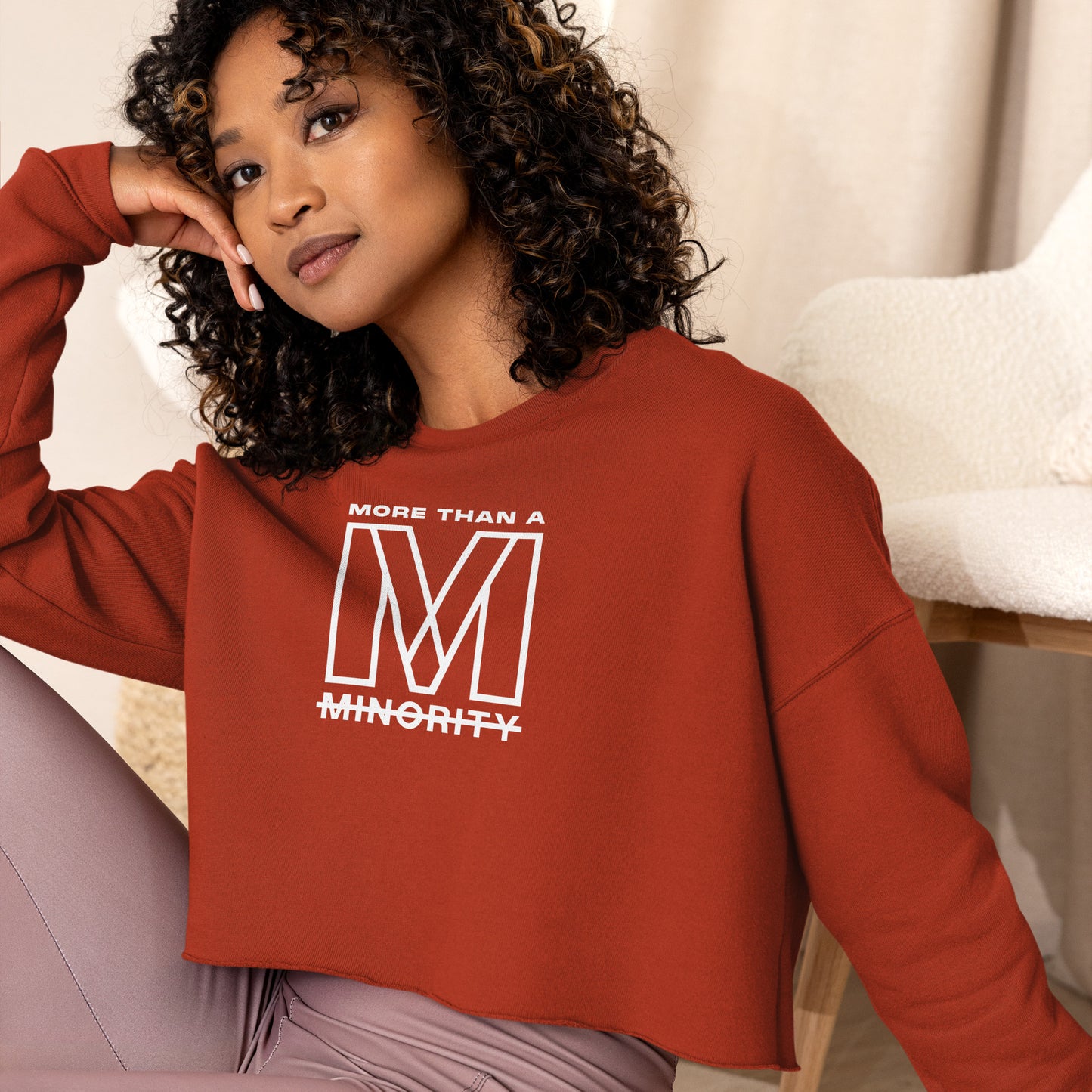 MTAM - Logo Crop Sweatshirt - Trendy Fleece Crop Top with Ribbed Neckline, Raw Hem, Multiple Colors, White Text