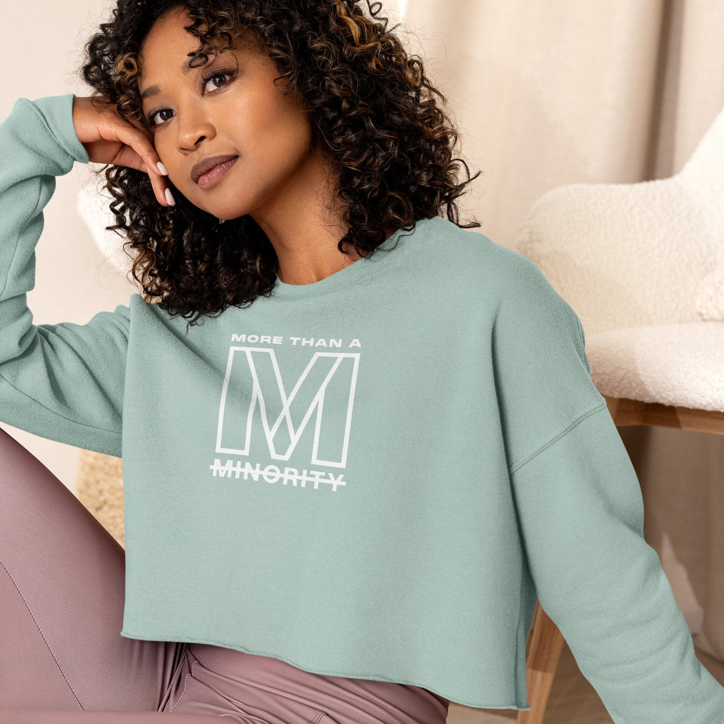MTAM - Logo Crop Sweatshirt - Trendy Fleece Crop Top with Ribbed Neckline, Raw Hem, Multiple Colors, White Text