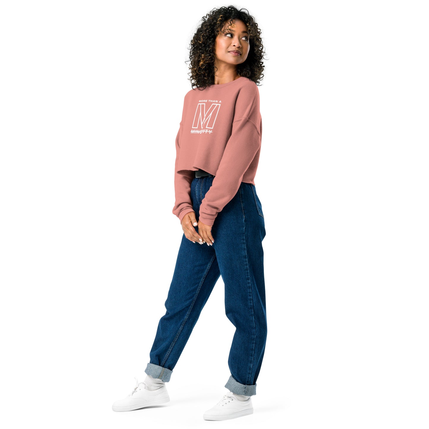 MTAM - Logo Crop Sweatshirt - Trendy Fleece Crop Top with Ribbed Neckline, Raw Hem, Multiple Colors, White Text
