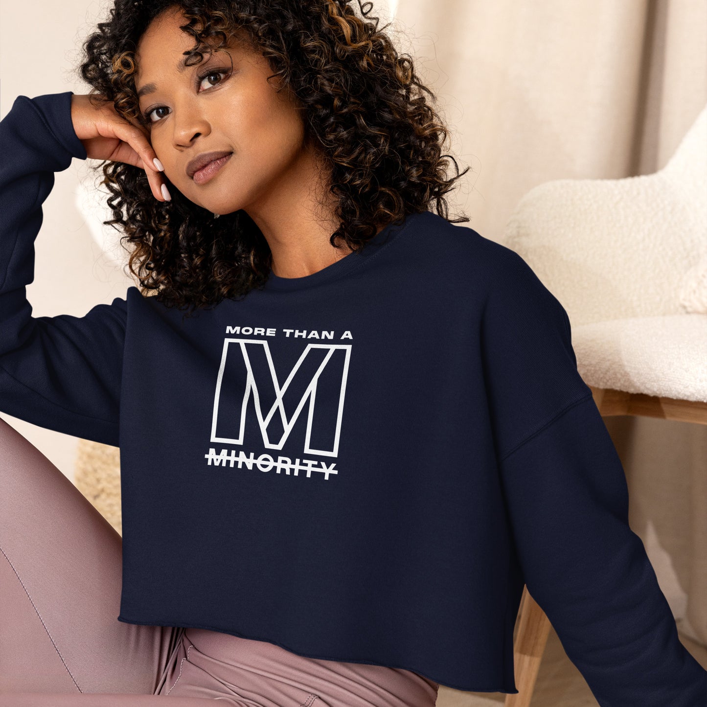 MTAM - Logo Crop Sweatshirt - Trendy Fleece Crop Top with Ribbed Neckline, Raw Hem, Multiple Colors, White Text