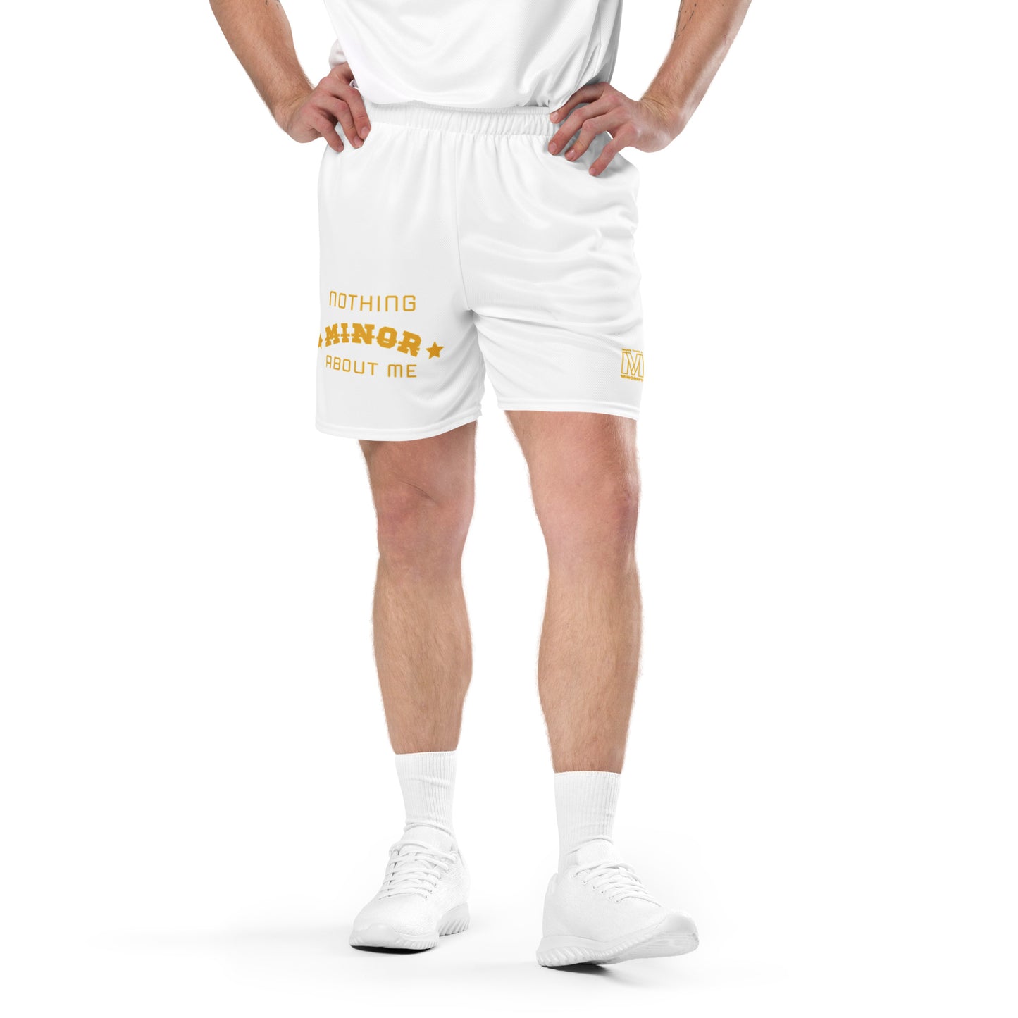 MTAM - Nothing Minor About Me Unisex Mesh Shorts (Gold Text) - Recycled Polyester, Moisture-Wicking, Stretch, UPF50+, Comfortable