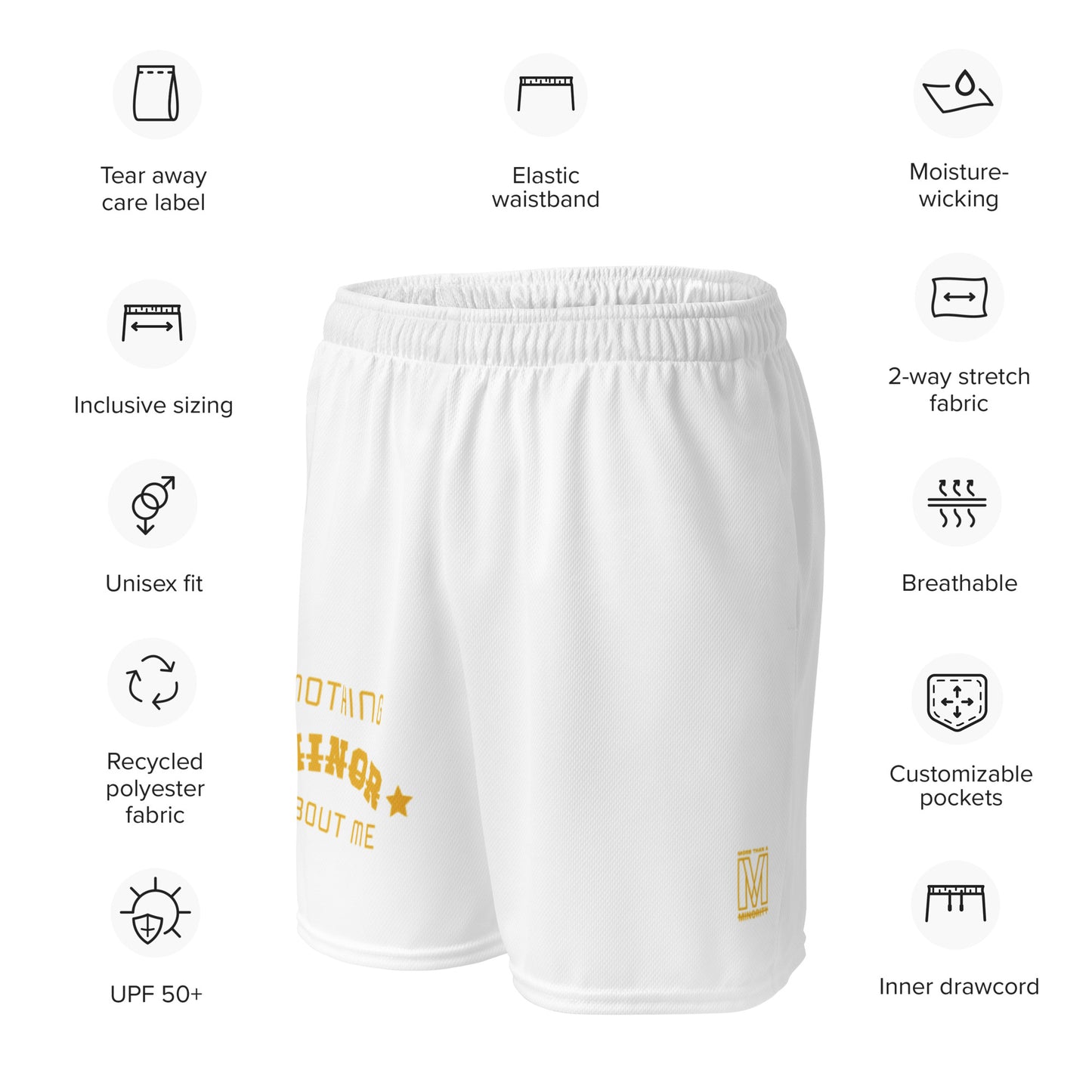 MTAM - Nothing Minor About Me Unisex Mesh Shorts (Gold Text) - Recycled Polyester, Moisture-Wicking, Stretch, UPF50+, Comfortable