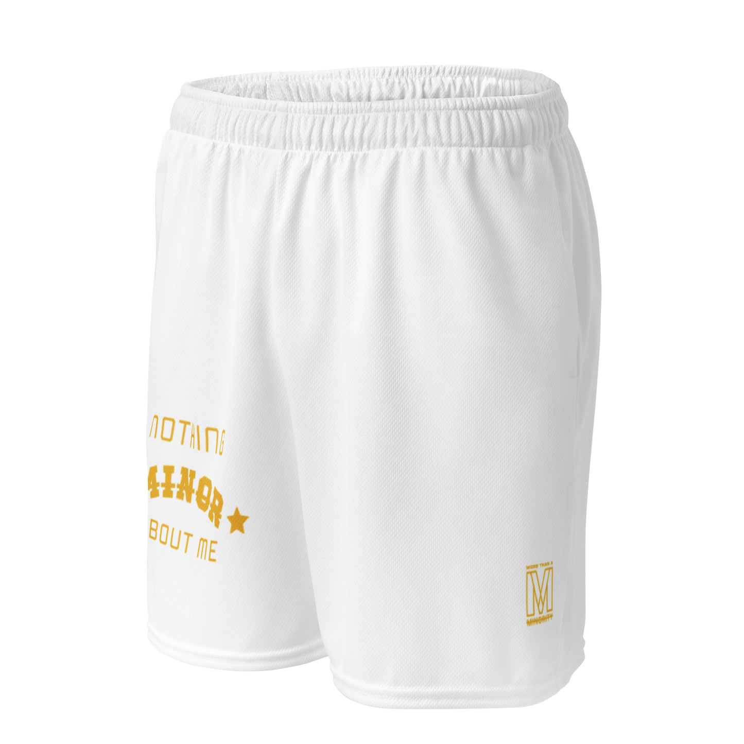 MTAM - Nothing Minor About Me Unisex Mesh Shorts (Gold Text) - Recycled Polyester, Moisture-Wicking, Stretch, UPF50+, Comfortable