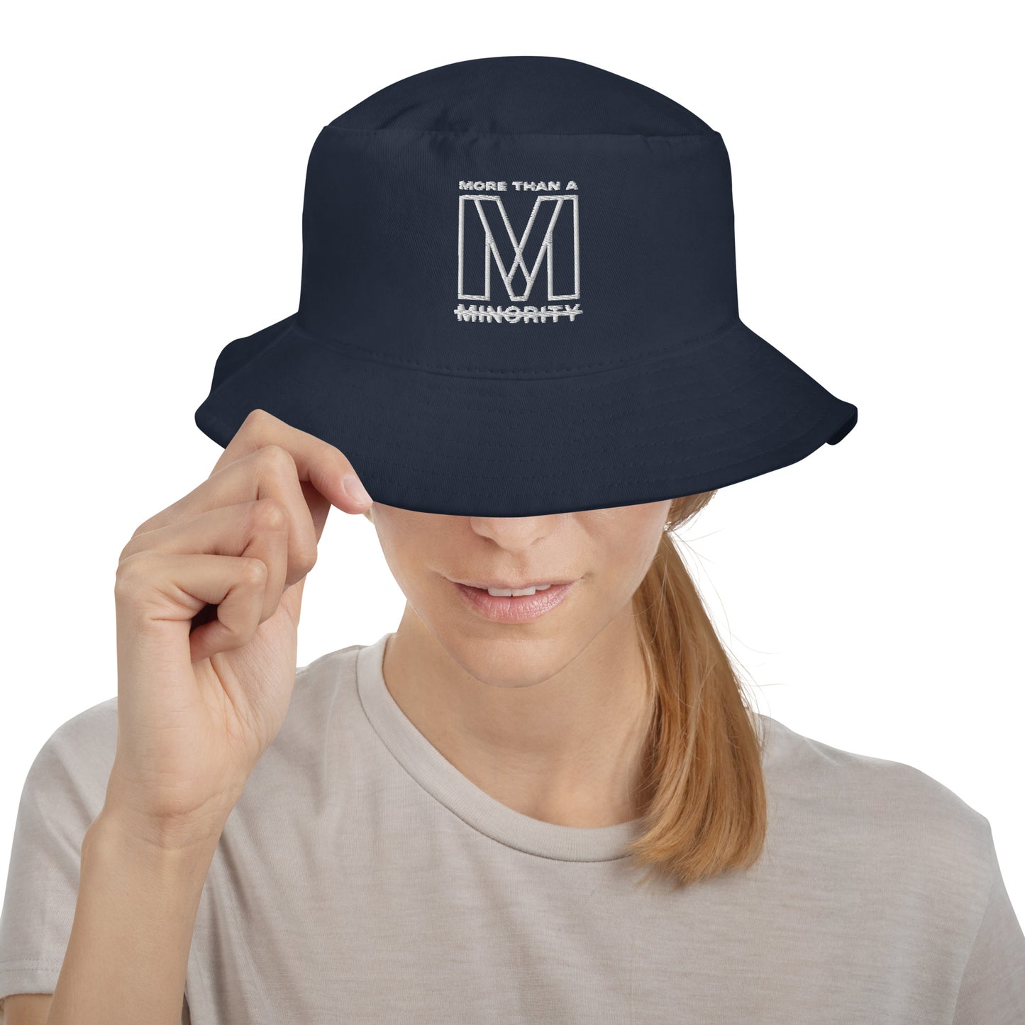 MTAM - More Than A Minority Embroidered Logo Bucket Hat - White Text, 100% Cotton Twill, Breathable Sewn Eyelets