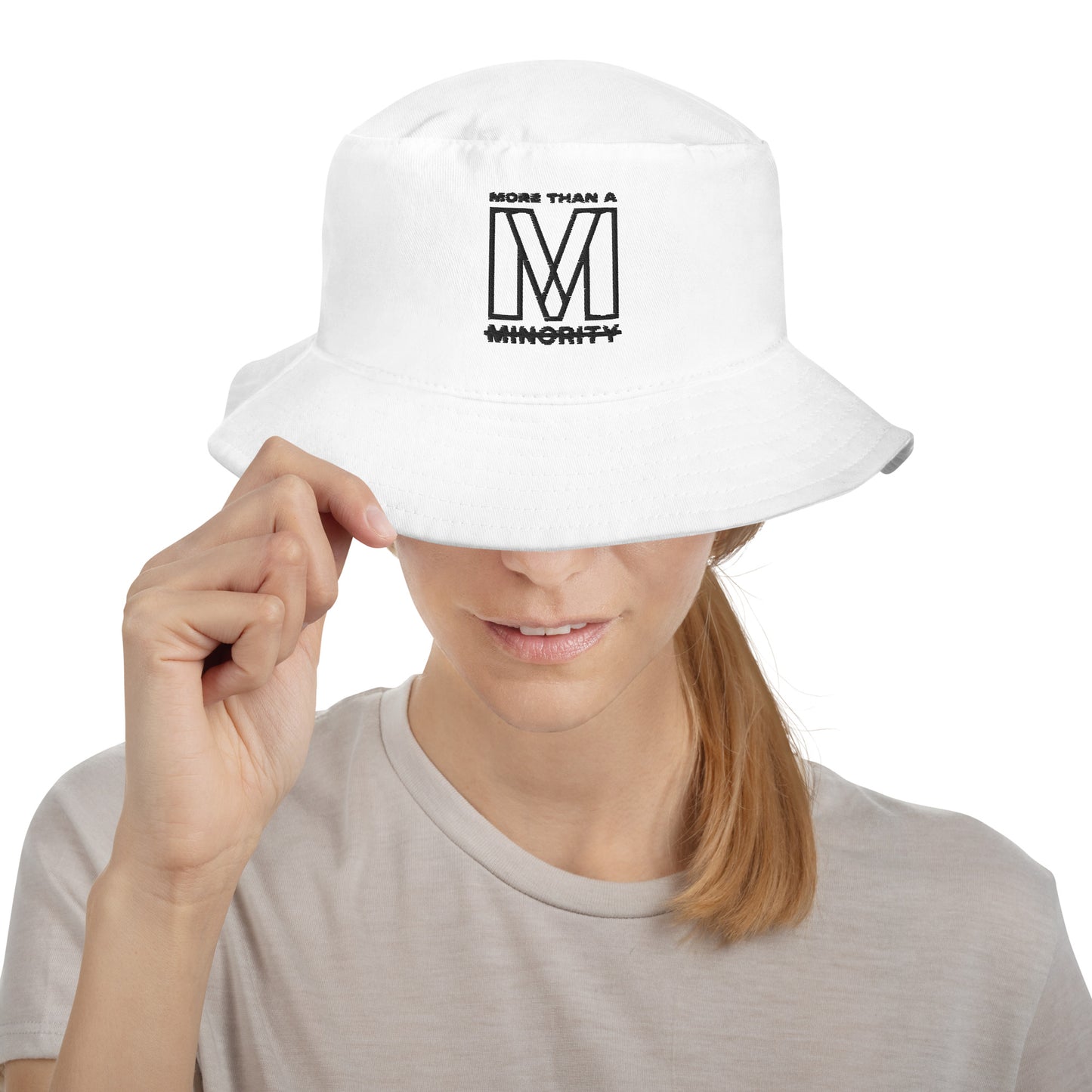 MTAM - More Than A Minority Embroidered Logo Bucket Hat - Black Text, 100% Cotton Twill, Breathable Sewn Eyelets